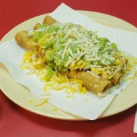 (3) Rolled With Guacamole · 3 Shredded Beef or Shredded Chicken Rolled Tacos, With Guacamole & Cheese