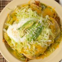 Green Enchiladas · 2 Slightly Fried Corn Tortillas with Shredded Chicken Cooked with Onion, Tomato, & Bell Pepp...