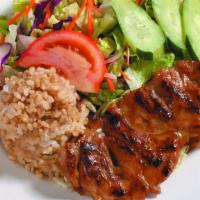 Lighter Bbq Chicken Plate · Our famous BBQ chicken served with one scoop of brown rice and tossed green salad.