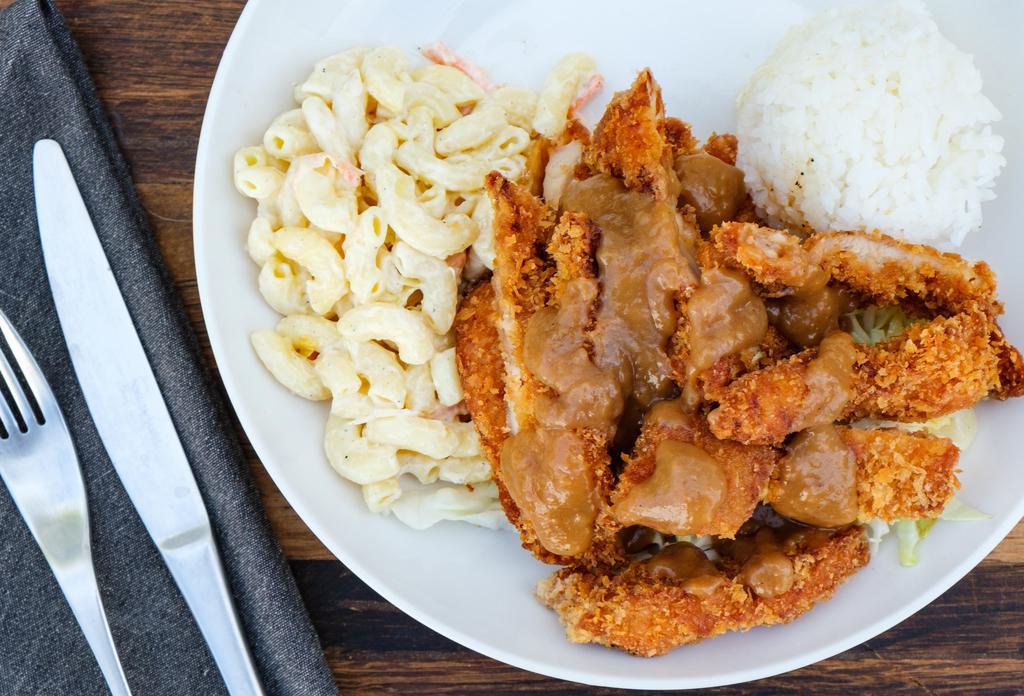 Chicken Katsu Curry · Regular plate lunch includes 2 scoops of rice and 1 scoop of macaroni salad. Mini plate lunch includes 1 scoop of rice and 1 scoop of macaroni salad.