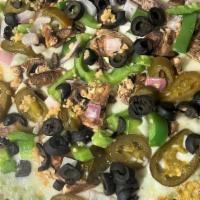 Chutney Veggie (Spicy) · Chutney sauce, mozzarella, green peppers, onion, black olives, jalapeno, garlic, mushroom