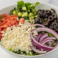 The Greek  · Vegan. Romaine, cucumber, tomatoes, red onion, olives, feta cheese, lemon herb dressing.