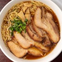 Chashu Ramen · Noodle soup.
Chicken and pork broth, shoyu base, five pieces chashu, bamboo shoot, green oni...