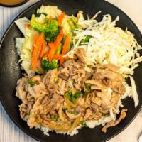 Sukiyaki Pork Belly - Plate · Includes side of veggie stir-fry and cabbage salad.