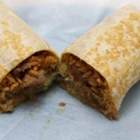 Super Burrito · Choice of meat, beans, rice, guacamole, sour cream, cheese, pico, salsa.