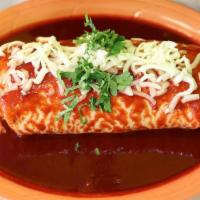 Wet Super Burrito · Choice of meat, beans, rice, guacamole, sour cream, cheese, pico de gallo, topped with your ...