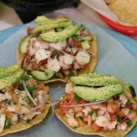 Tostada · Your choice of shrimp, octopus, fish, or mixed ceviches.