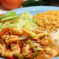 Camarones Rancheros · Cooked shrimp, slices of tomato, red and green pepper, onion, served with refried beans, ric...