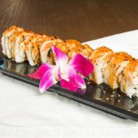 Jamaican Roll (8 Pc) · Top: seared salmon and avocado with spicy mayo and eel sauce. Inside: shredded crab, eel, an...