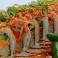 Ha Ha Roll · Inside: spicy crab avocado, tempura shrimp. Outside:white Tuna spicy crab, serranos chili sw...