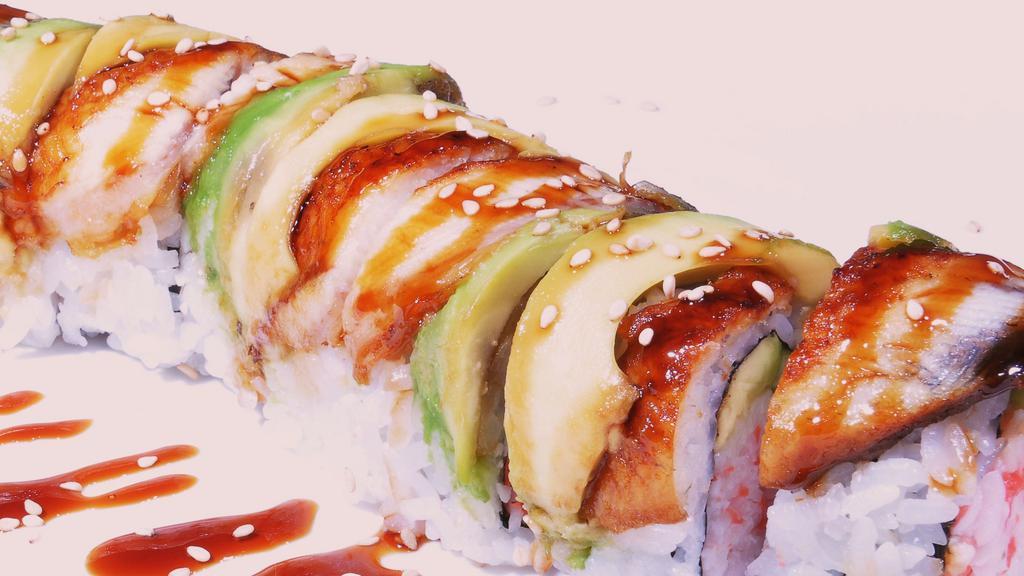 Dragon Roll · Inside:California roll. Outside:bbq eel, avocado, sweet sauce.