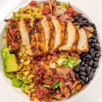 Southwest Cobb Salad · herb grilled chicken, baby gem lettuce, cotija cheese, bell peppers, corn salsa, black beans...