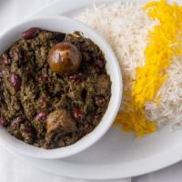 Ghormeh Sabzi Stew · Chunks of beef, cilantro, kidney beans, parsley, herbs, dry lemon, chunks of beef, spices.