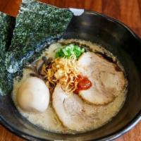 Jinya Tonkotsu Black · Pork broth. Pork chashu, kikurage, green onion, nori dried seaweed, seasoned egg, garlic chi...