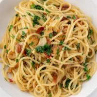 Old School Spaghetti Aglio Olio · Spaghetti olive oil, garlic, chili flakes.