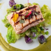 Grilled Salmon · Grilled Scottish salmon, purple and green brussels sprouts