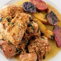 Pollo Vesuvio · Roasted chicken, chili flakes-garlic- white wine sauce, fingerling potatoes.