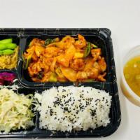 Mencho Special (Slightly Spicy Stir-Fried Chicken & Onion) · Served with rice, miso soup,  cabbage salad, seasoned bean sprouts, Japanese pickle, and eda...