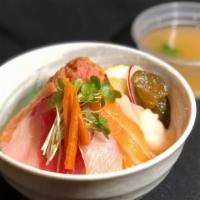 Chirashi Bowl · Variety of sashimi over the rice including tuna, salmon, yellowtail, albacore, and more.