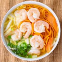 Shrimp Noodle Soup · Shrimp, noodle, and vegetable in hot chicken broth soup.