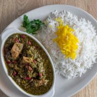 Ghormeh Sabzi · Sautéed vegetables cooked with dried limes, veal, red kidney beans, and special seasonings s...