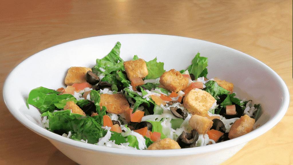Garden Salad · 2 Servings. Romaine, Tomatoes, Olives, Cheese & Croutons
