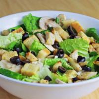 Tossed Chicken Salad · 2 Servings. Romaine, Mushrooms, Olives, Cheese, Chicken & Croutons