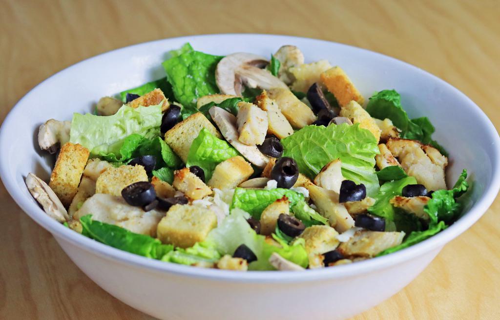 Tossed Chicken Salad · 2 Servings. Romaine, Mushrooms, Olives, Cheese, Chicken & Croutons