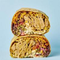 Vegan Grilled Chicken Burrito · The vegan party had not ended! 36 hour marinaded house-made cilantro lime seitan chicken, pi...