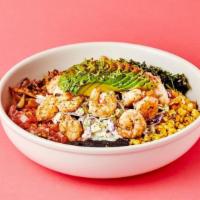 Grilled Shrimp Bowl · Tajin blackened shrimp, poblano ranch slaw, avocado, lime zest, crispy onion, spicy house ci...