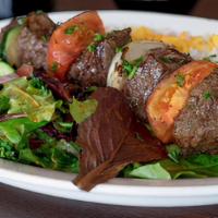 Filet Mignon Kabob Plate · Served with rice, veggies and salad.