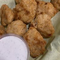 Boneless Wings (10) · Served with one side sauce of ranch, bleu cheese, franks sauce, or BBQ sauce.