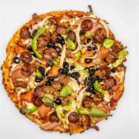 Mvp · Most valuable pizza, Canadian bacon, pepperoni, onion, green pepper, olive, sausage, and lin...