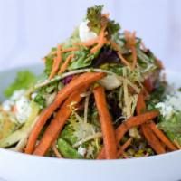 Organic Greens Salad · Feta cheese, avocado, jicama, shredded carrots, roasted pepitas, chopped tomatoes, corn, bro...