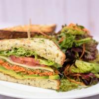 Avocado Garden Sandwich · Avocado, shredded carrots, sprouts, tomatoes, red onions, Jack cheese, lettuce, mayo on mult...