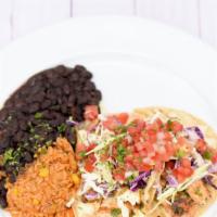 Grilled Fish Soft Tacos · Grilled mahi-mahi, pico de gallo, mozzarella, jalapeño yogurt cabbage slaw, corn tortillas w...