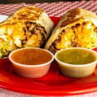 Cali Burrito · Served with choice of meat, french fries, rice, cheddar cheese, sour cream, guacamole, salsa.