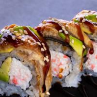Dragon Roll (5 Pcs) · California roll topped with eel, avocado, eel sauce, and sesame seeds.