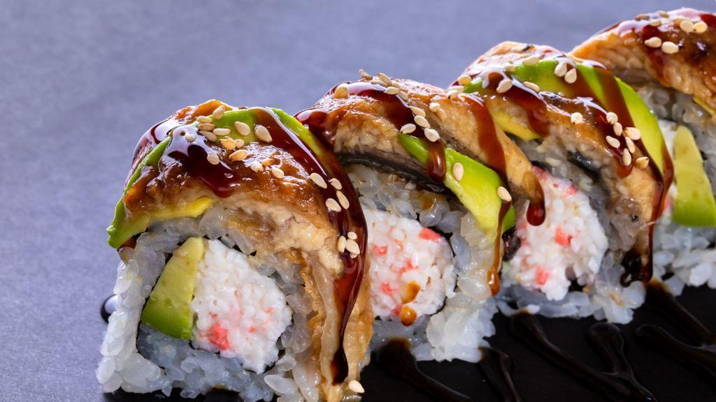 Dragon Roll (5 Pcs) · California roll topped with eel, avocado, eel sauce, and sesame seeds.