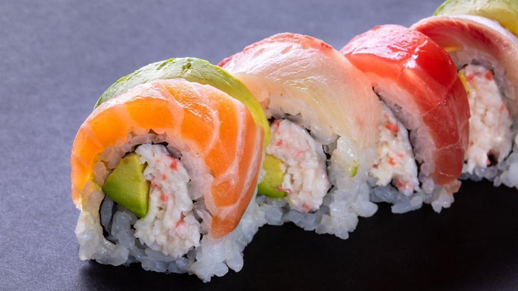 Rainbow Roll (5 Pcs) · California roll topped with salmon, tuna, yellowtail, and avocado.