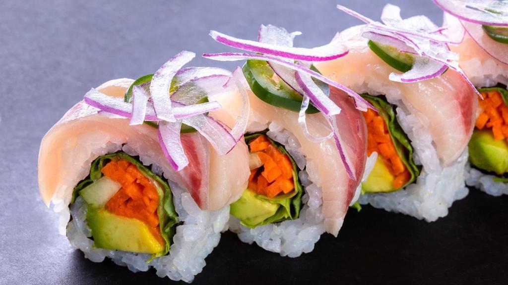 Veggie Yellowtail Roll (5 Pcs) · Lettuce, carrot, and avocado roll topped with yellowtail, raw onion, jalapeno, garlic ponzu, and sriracha.