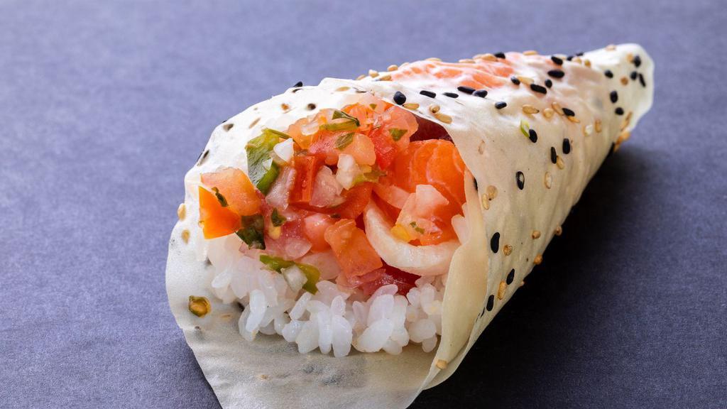Sashimi Ceviche Hand Roll · Assorted sashimi served ceviche style in a hand roll wrapped in soy paper.