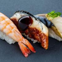 Edomae Trio Sushi (3 Pcs) · Shrimp, Freshwater Eel,  Japanese Mackerel