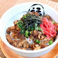 Chashu Bowl · Chopped Pork Belly Over Rice Green onion, sesame seeds, kaiware sprout, pickled ginger and n...