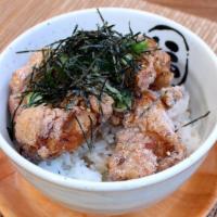 Karaage Bowl · Japanese Style Fried Chicken Over Rice Green onion, sesame seed and nori seaweed*