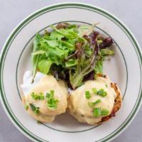 Dylan'S Eggs Benedict · Two poached eggs on English muffins, roasted tomato, smoked bacon, basil hollandaise, and ba...