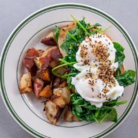 Casey'S Call · Poached eggs, spinach, goat cheese, quinoa sprinkle, and herbed new potatoes on toasted tusc...
