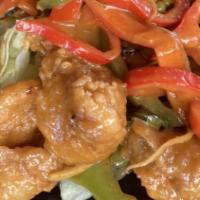 #105. Spicy Catfish · Deep-fried catfish fillet with bell peppers in Thai chili paste sauce.