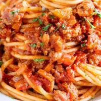 Spaghetty Bolognese · Wagyu ground beef, marinara sauce, parmesan cheese.