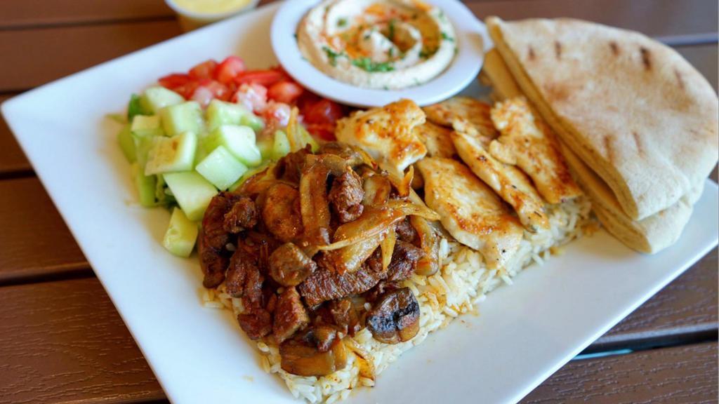 Meat Combo Plate · Choose a combination of any two meats. Served with salad, hummus, pita bread, and choice of rice, brown rice or fries.